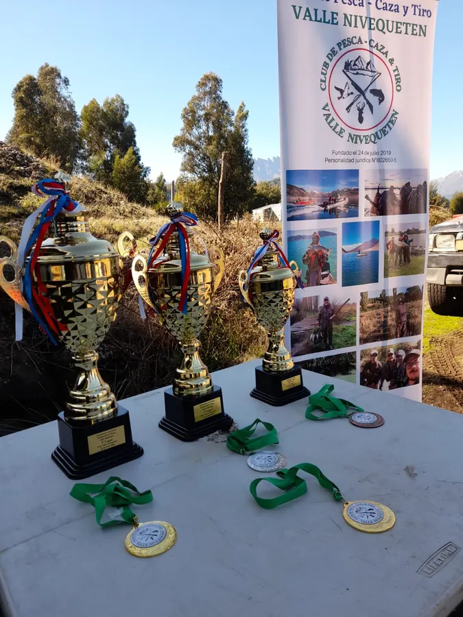 Tres copas y las medallas del club sobre la mesa, frente al pendón del club